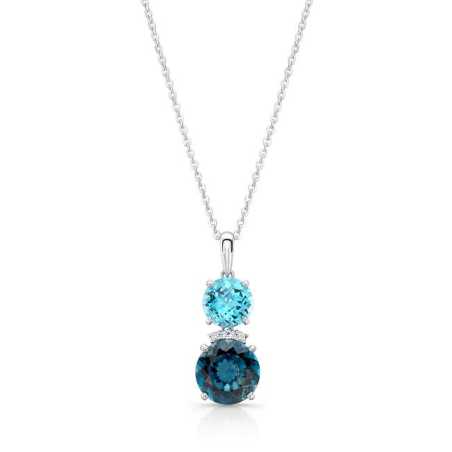 Blue Topaz And Diamond Stacked Round Pendant In 14k White Gold 16-18 Inch Adj Rolo Chain