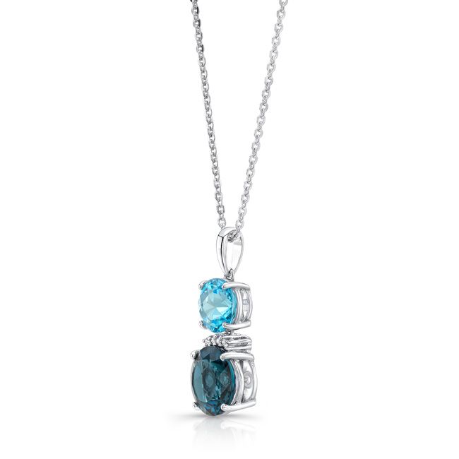 Blue Topaz And Diamond Stacked Round Pendant In 14k White Gold 16-18 Inch Adj Rolo Chain