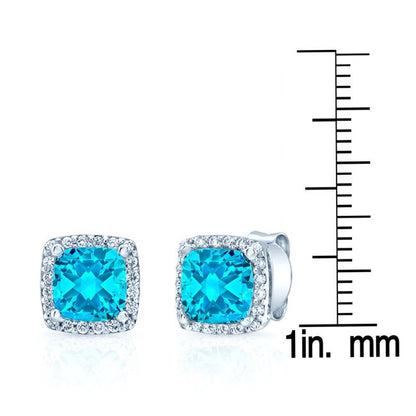 Blue Topaz And Diamond Square Halo Earrings In 14k White Gold