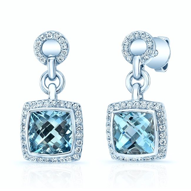 Aquamarine And Diamond Earrings In 14k White Gold
