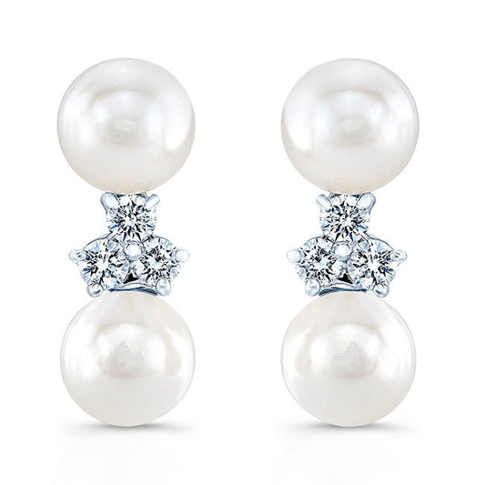 Double Pearl And Diamond Cluster Stud Earrings In 14k White Gold