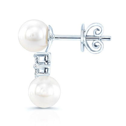 Double Pearl And Diamond Cluster Stud Earrings In 14k White Gold