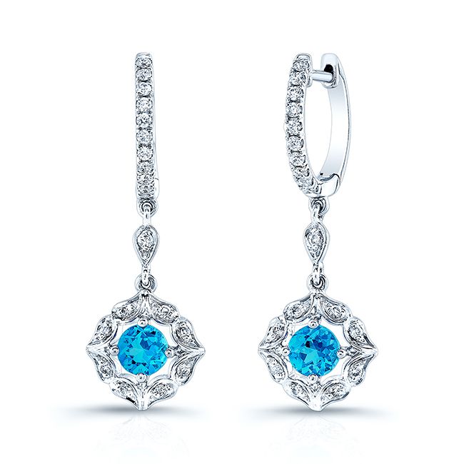 Blue Topaz Round And Diamond Earring In 14k White Gold