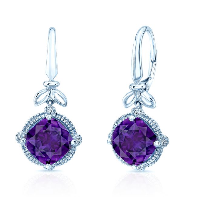 Amethyst And Diamond Leaf Drop Earrings In 14k White Gold