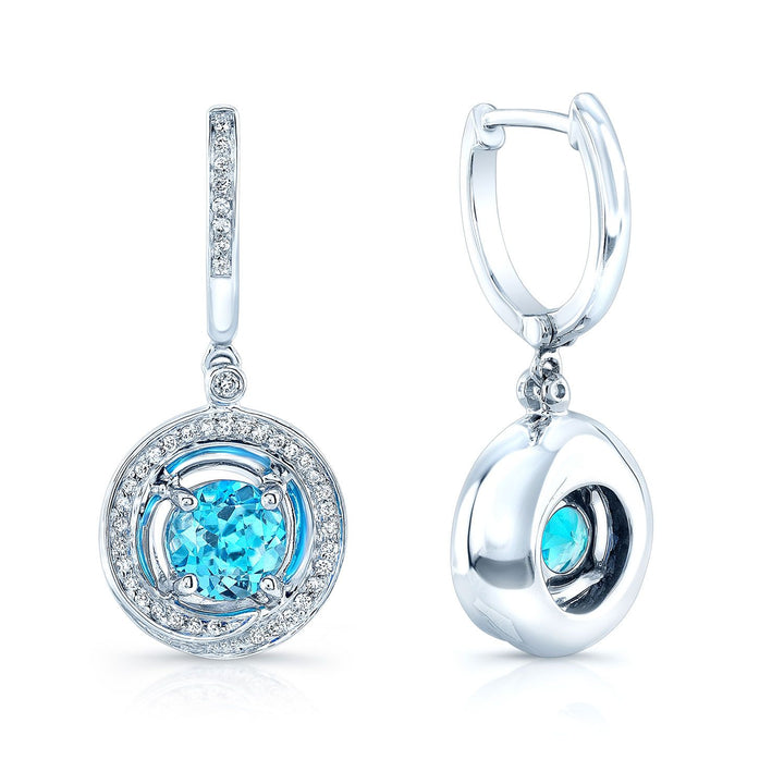 Blue Topaz And Diamond Swirl Dangling Earrings In 14k White Gold (6mm)