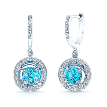 Blue Topaz And Diamond Swirl Dangling Earrings In 14k White Gold (6mm)