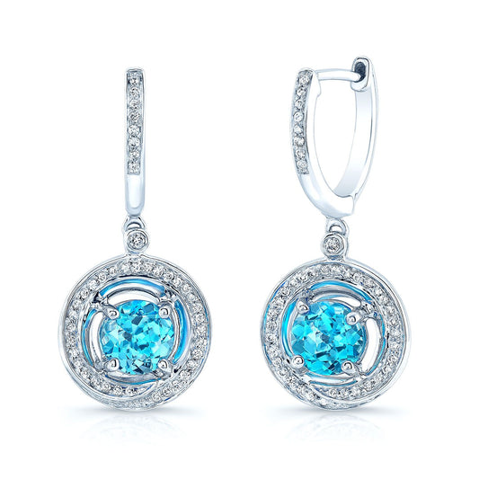 Blue Topaz And Diamond Swirl Dangling Earrings In 14k White Gold (6mm)
