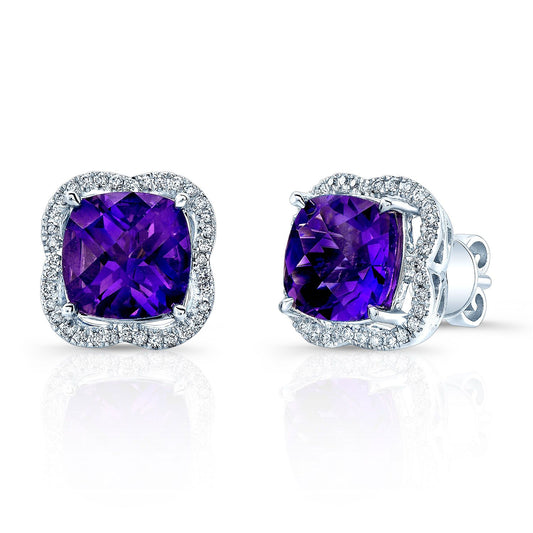 Amethyst & Diamond Earrings In14k White Gold