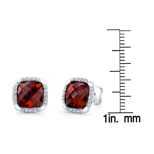 Garnet Cushion And Pave Diamond Earrings In 14k White Gold