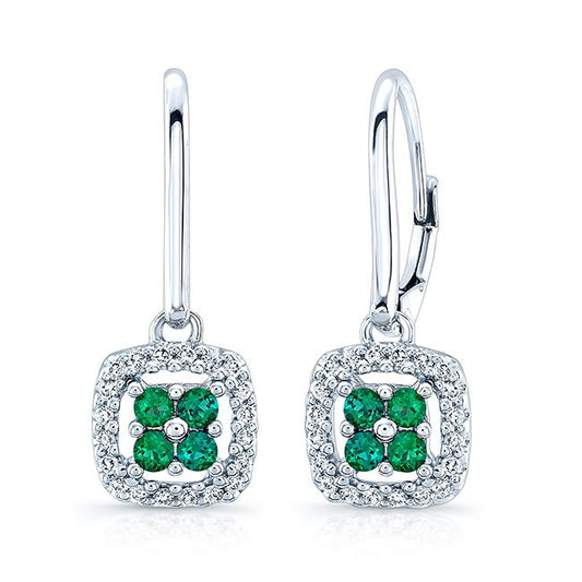 Created Emerald And Diamond Dangle Clover Leverback Earrings In 14k White Gold