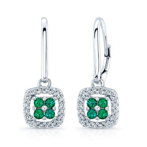 Created Emerald And Diamond Dangle Clover Leverback Earrings in 14K White Gold | RockHer