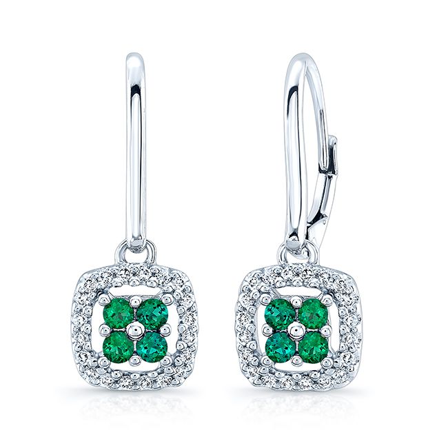 Created Emerald And Diamond Dangle Clover Leverback Earrings In 14k White Gold