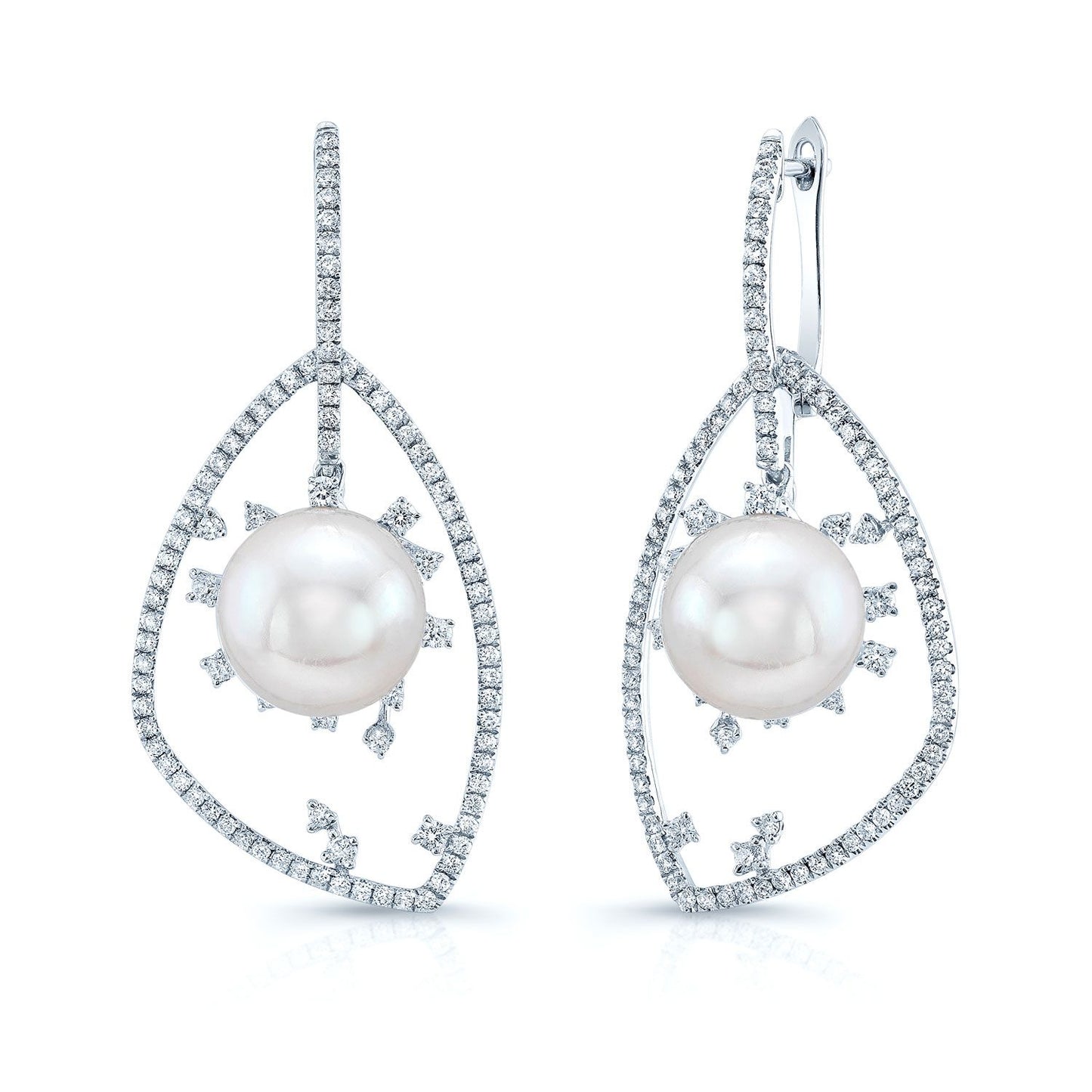 Pearl And Diamond Starburst With Geometric Frame Earrings In 14k White Gold
