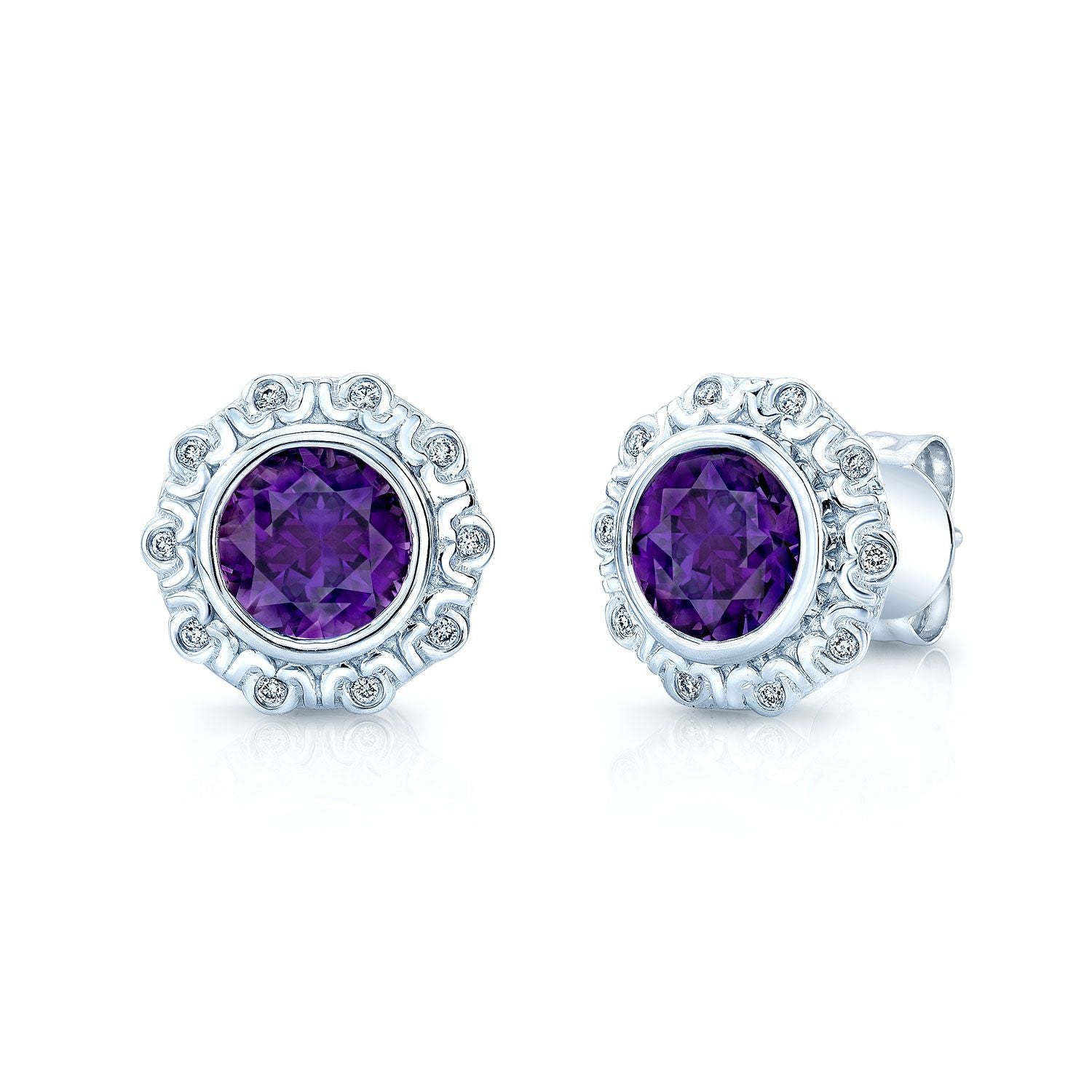 Amethyst & Diamond Earring In 14k White Gold
