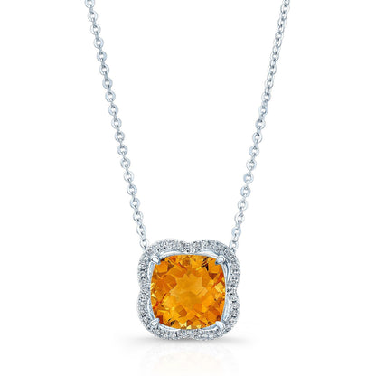 Citrine And Diamond Scalloped Framed Necklace In 14k White Gold (18-inch Rolo Chain)
