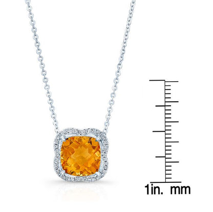 Citrine And Diamond Scalloped Framed Necklace In 14k White Gold (18-inch Rolo Chain)