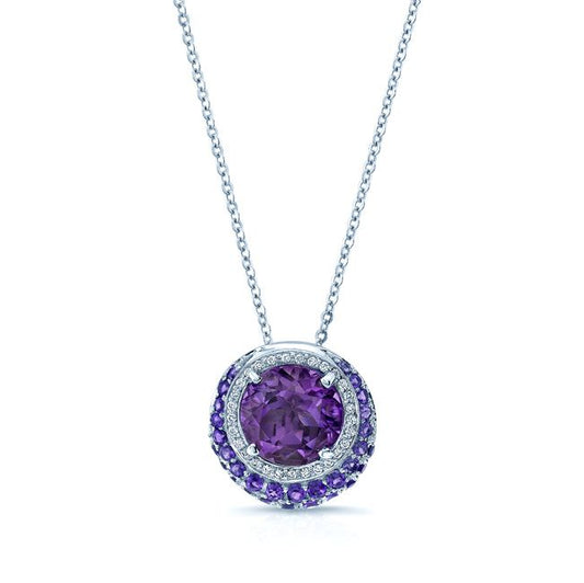 Amethyst And Diamond Halo Pendant With Crescent Color Accent In 14k White Gold