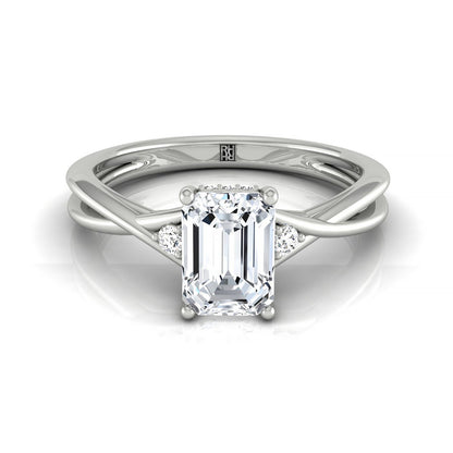 Emerald Cut, Twisted Shank Hidden Halo Solitaire Emerald, in 18K White Gold – front view | RockHer