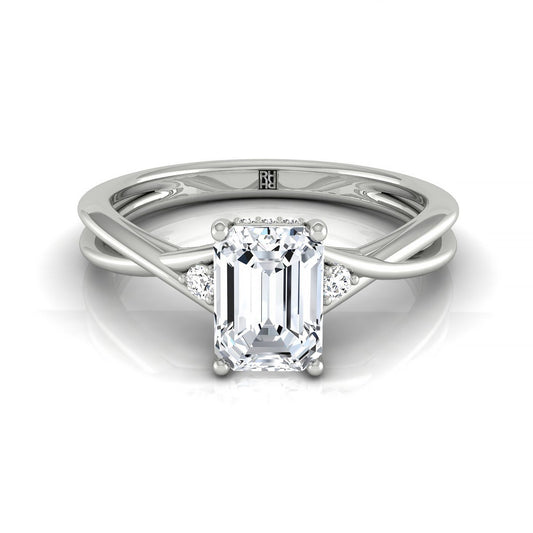 Plat Emerald Twisted Shank Single Hidden Halo Engagement Ring With 18 Prong Set Round Diamonds Sz 7.5