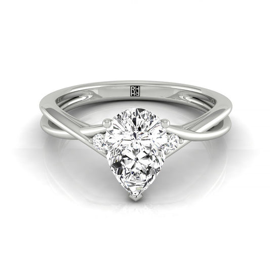 Plat Pear Twisted Shank Single Hidden Halo Engagement Ring With 19 Prong Set Round Diamonds Sz 7.5