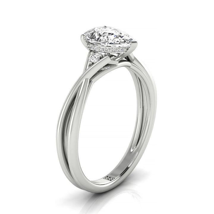 14kw Pear Twisted Shank Single Hidden Halo Engagement Ring With 19 Prong Set Round Diamonds Sz 7.5