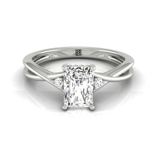 14kw Radiant Twisted Shank Single Hidden Halo Engagement Ring With 18 Prong Set Round Diamonds Sz 7.5