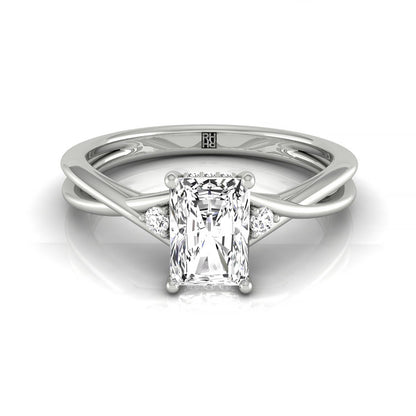 Twisted Shank Hidden Halo Solitaire Radiant, in 18K White Gold – front view | RockHer
