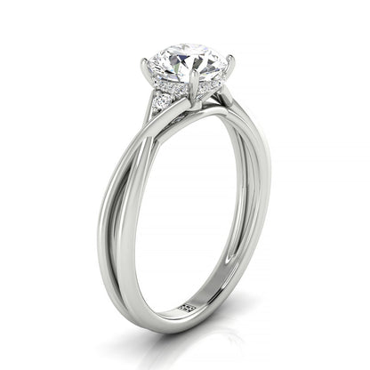 Round Brilliant, Twisted Shank Hidden Halo Solitaire Round, in Platinum – side profile | RockHer