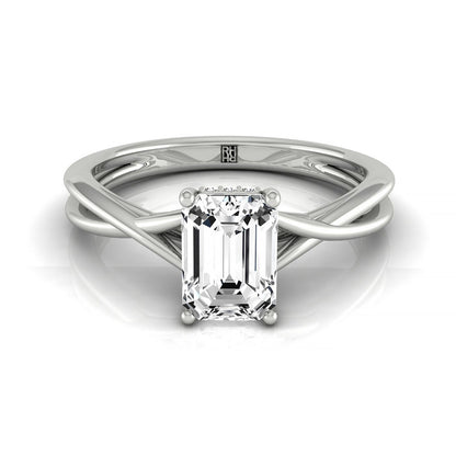Emerald Cut, Twisted Shank Hidden Halo Solitaire Emerald, in Platinum – front view | RockHer