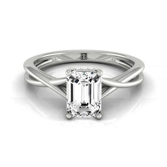 Plat Emerald Twisted Shank Hidden Halo Solitaire Engagement Ring With 16 Prong Set Round Diamonds Sz 7.5