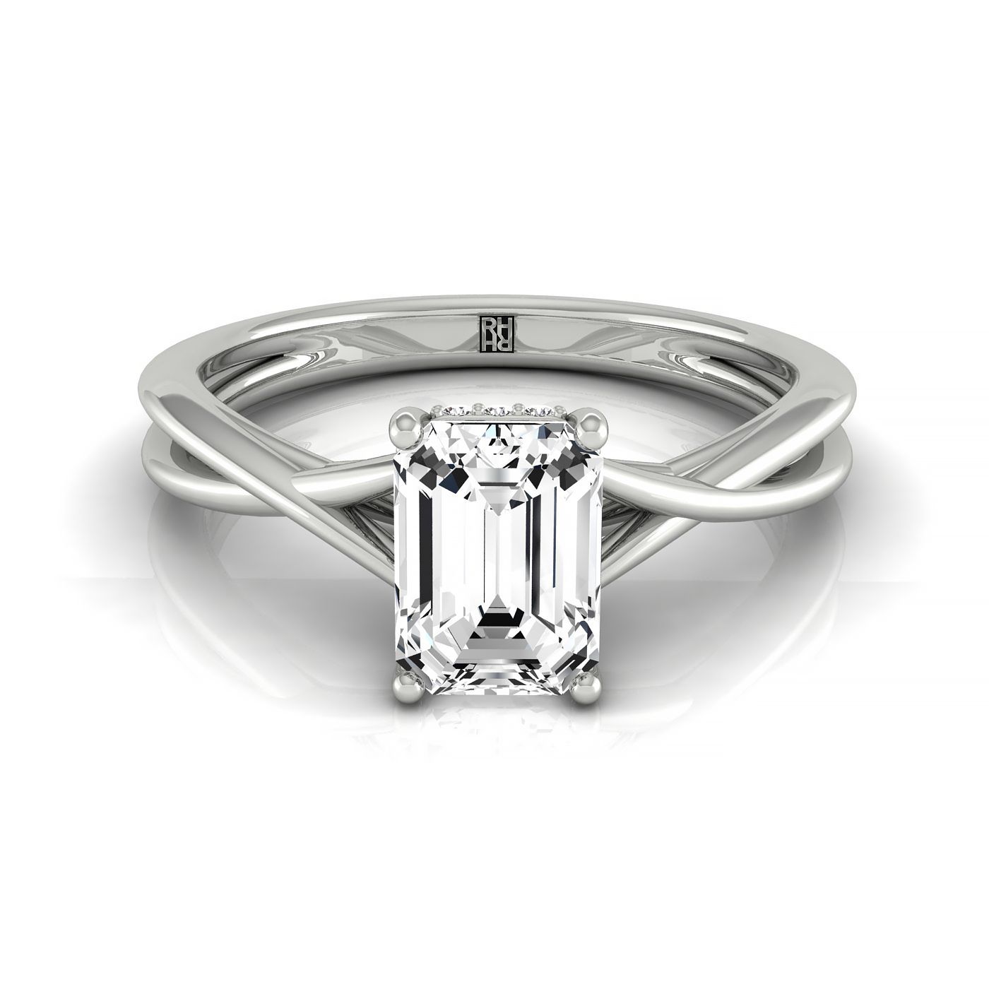 18kw Emerald Twisted Shank Hidden Halo Solitaire Engagement Ring