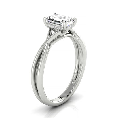 Emerald Cut, Twisted Shank Hidden Halo Solitaire Emerald, in 18K White Gold – side profile | RockHer