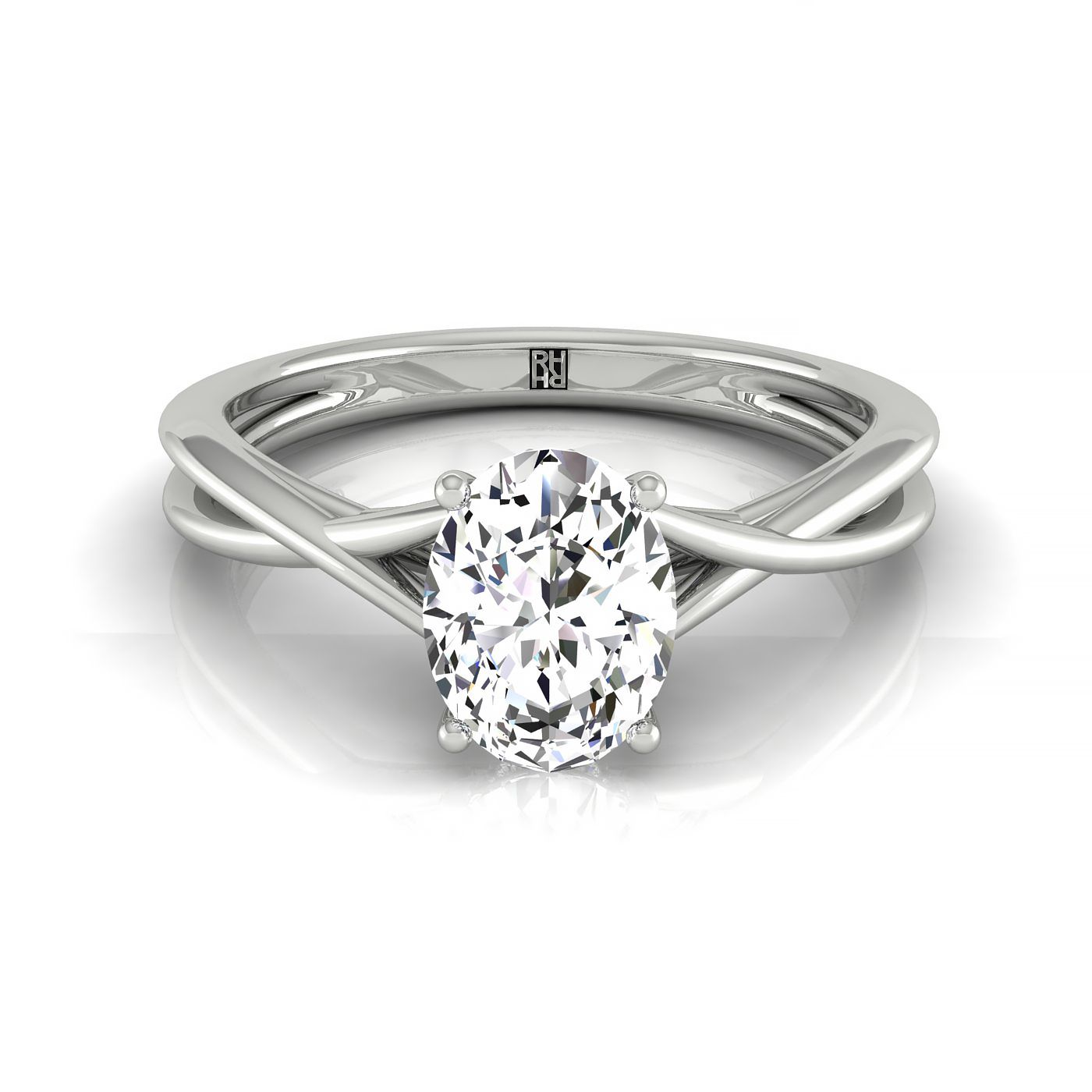 18kw Oval Twisted Shank Hidden Halo Solitaire Engagement Ring With 14 Prong Set Round Diamonds Sz 7.5