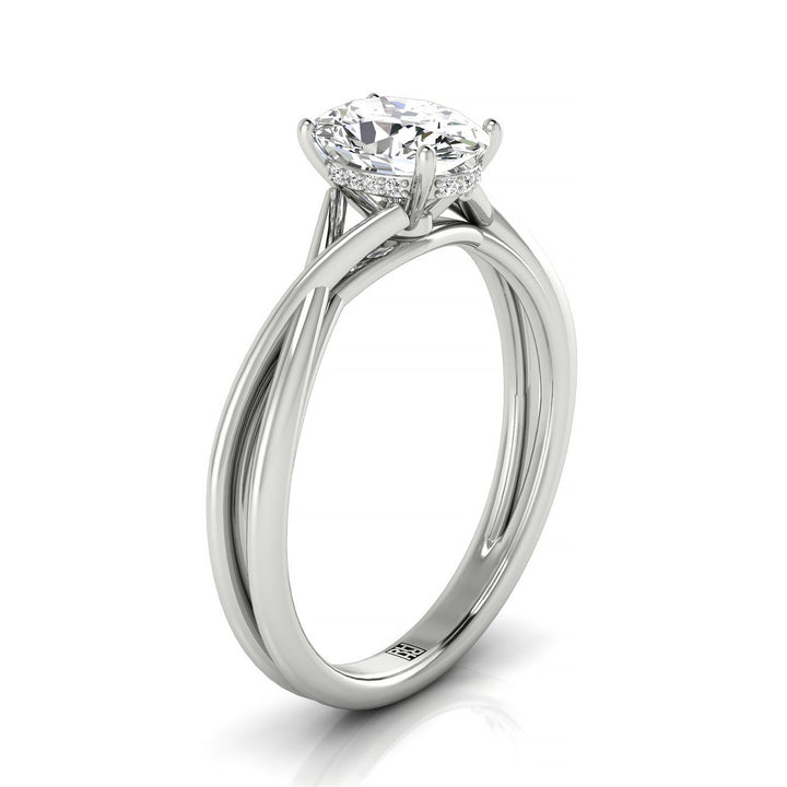 14kw Oval Twisted Shank Hidden Halo Solitaire Engagement Ring With 16 Prong Set Round Diamonds