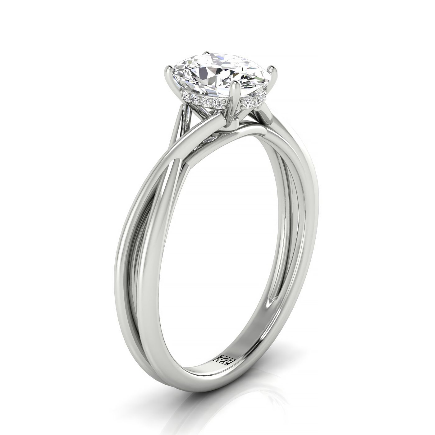 18kw Oval Twisted Shank Hidden Halo Solitaire Engagement Ring With 14 Prong Set Round Diamonds Sz 7.5