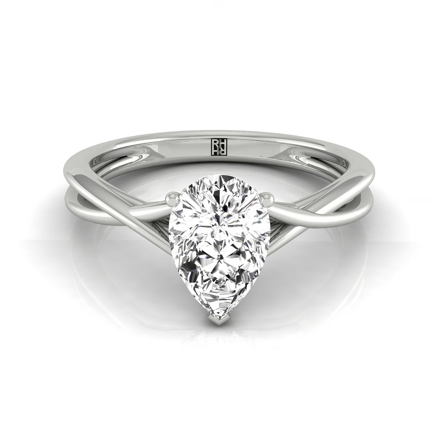 14kw Pear Twisted Shank Hidden Halo Solitaire Engagement Ring With 17 Prong Set Round Diamonds
