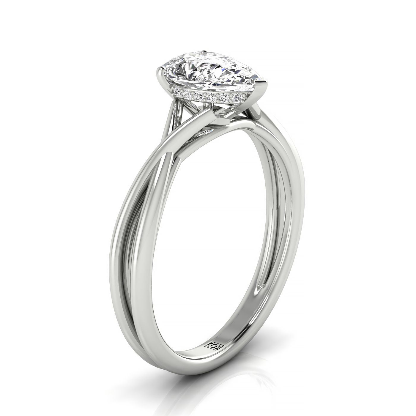 Plat Pear Twisted Shank Hidden Halo Solitaire Engagement Ring With 17 Prong Set Round Diamonds Sz 7.5