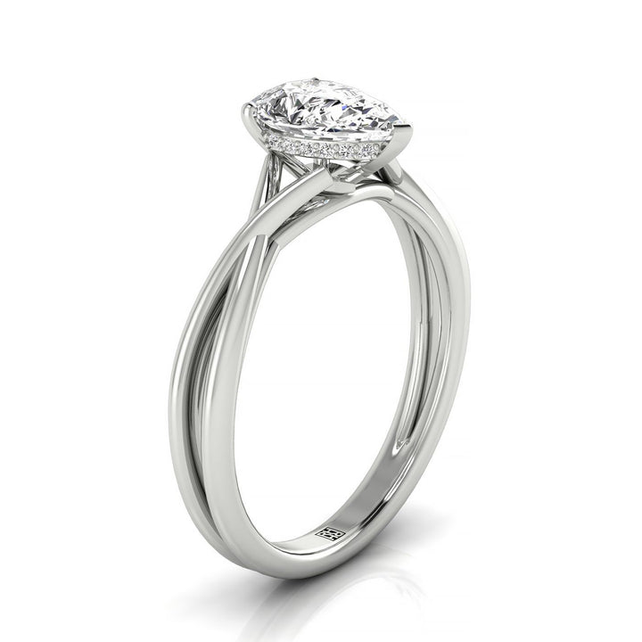 18kw Pear Twisted Shank Hidden Halo Solitaire Engagement Ring With 17 Prong Set Round Diamonds Sz 7.5