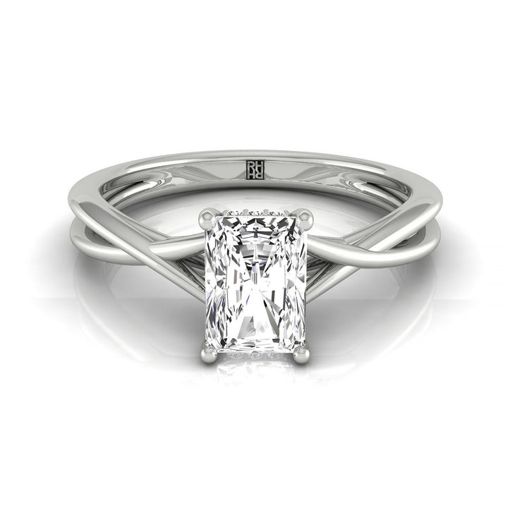Twisted Shank Hidden Halo Solitaire Radiant, in 18K White Gold – front view | RockHer