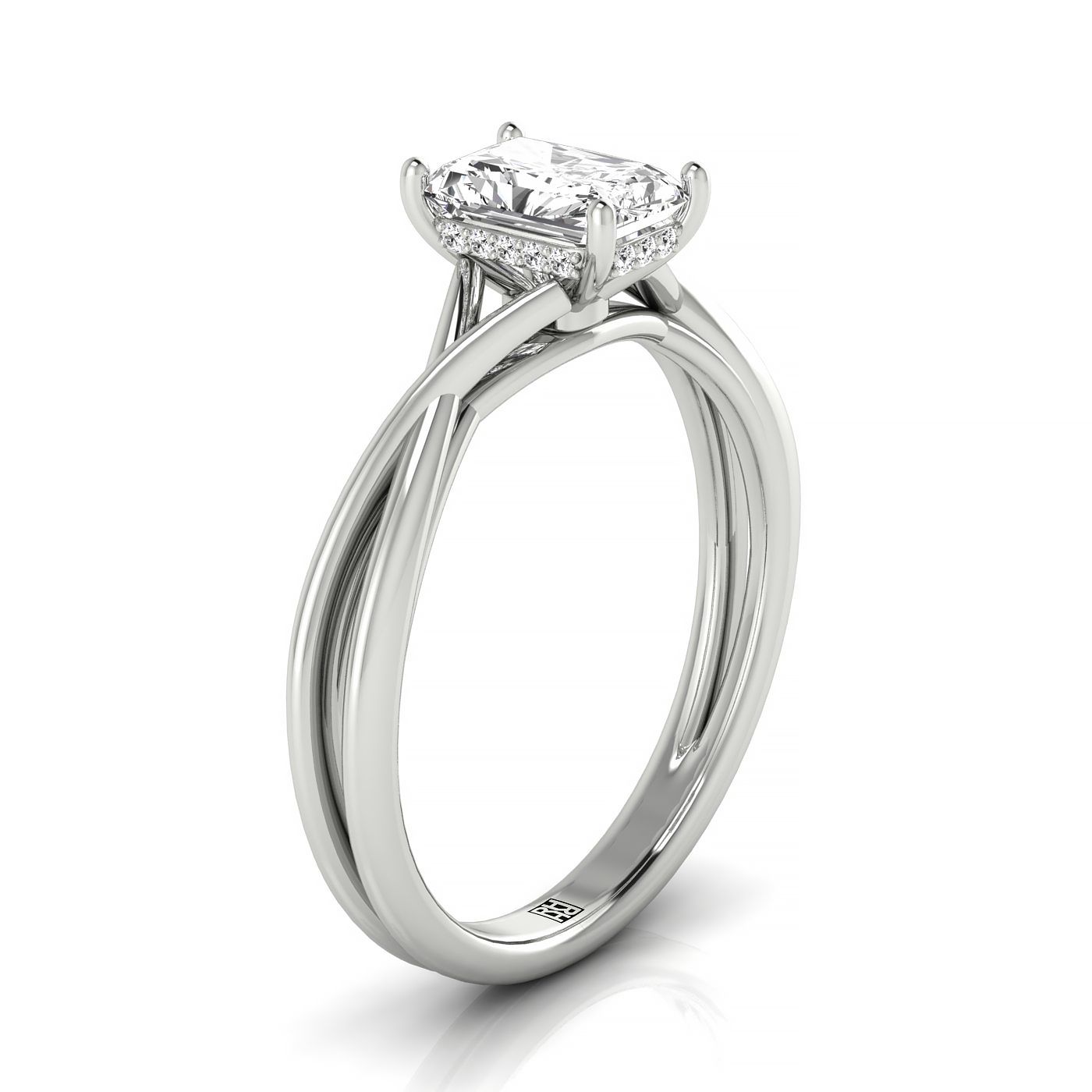 Plat Radiant Twisted Shank Hidden Halo Solitaire Engagement Ring With 24 Prong Set Round Diamonds