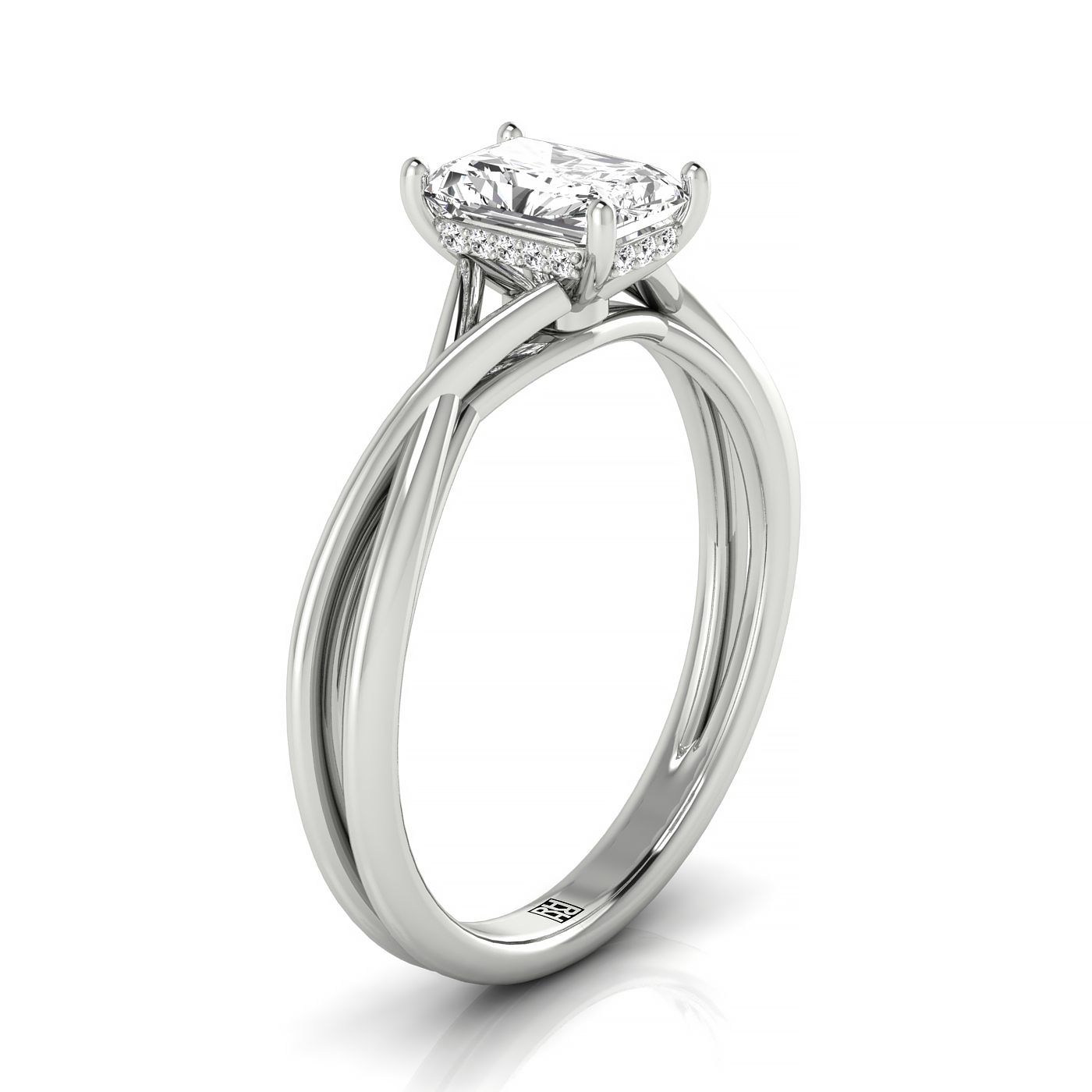 14kw Radiant Twisted Shank Hidden Halo Solitaire Engagement Ring With 24 Prong Set Round Diamonds