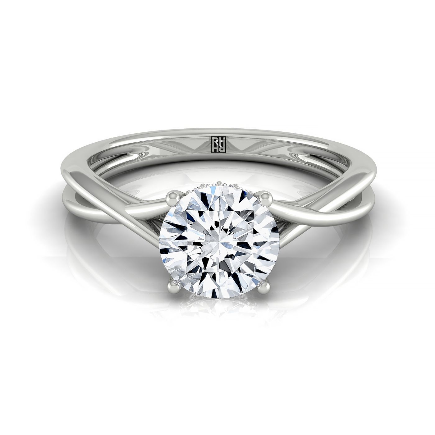 The Grace twisted shank hidden halo solitaire engagement ring setting, shown in 18K White Gold | RockHer