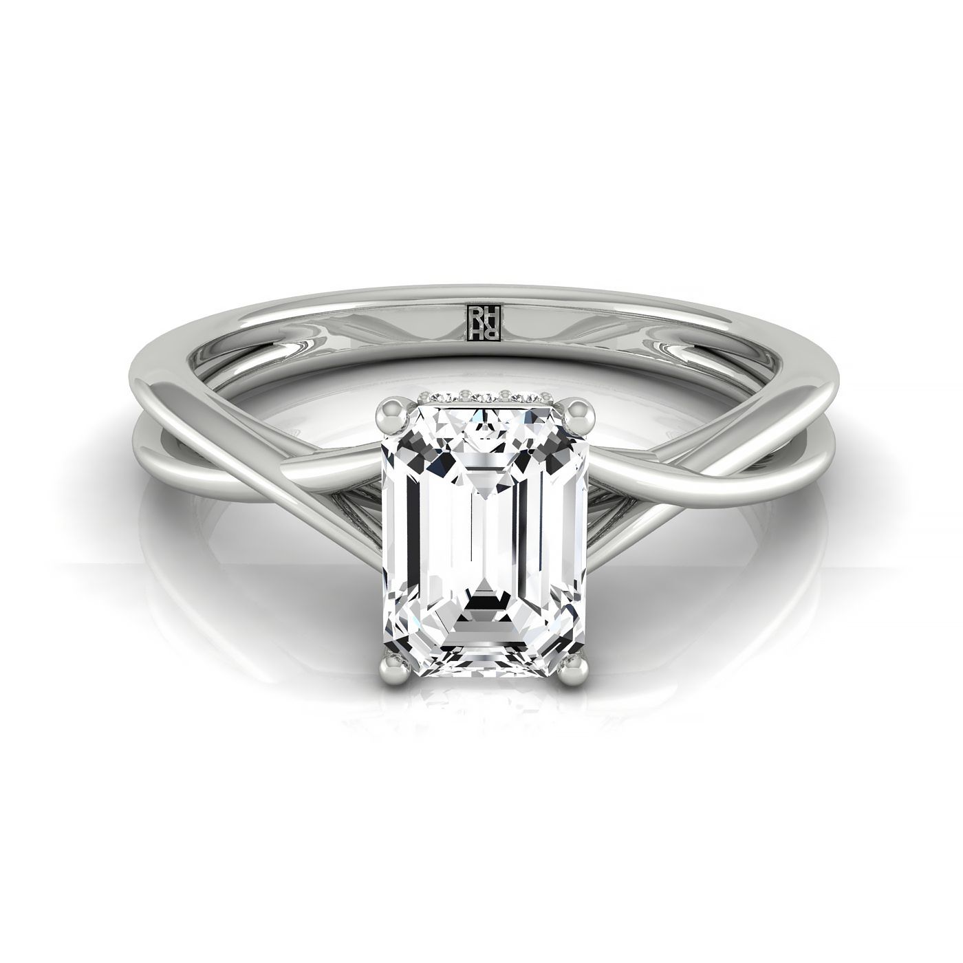 14kw Emerald Twisted Shank Double Hidden Halo Solitaire Engagement Ring With 30 Prong Set Round Diamonds