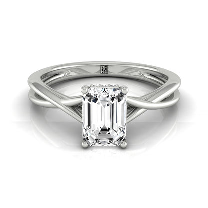 Emerald Cut, Twisted Shank Double Hidden Halo Solitaire Emerald, in Platinum – front view | RockHer