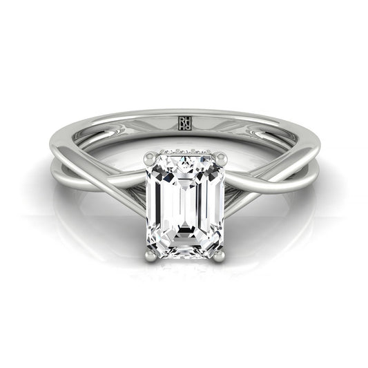 Plat Emerald Twisted Shank Double Hidden Halo Solitaire Engagement Ring With 30 Prong Set Round Diamonds