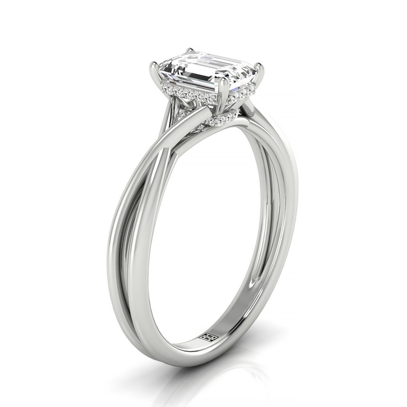 14kw Emerald Twisted Shank Double Hidden Halo Solitaire Engagement Ring With 30 Prong Set Round Diamonds