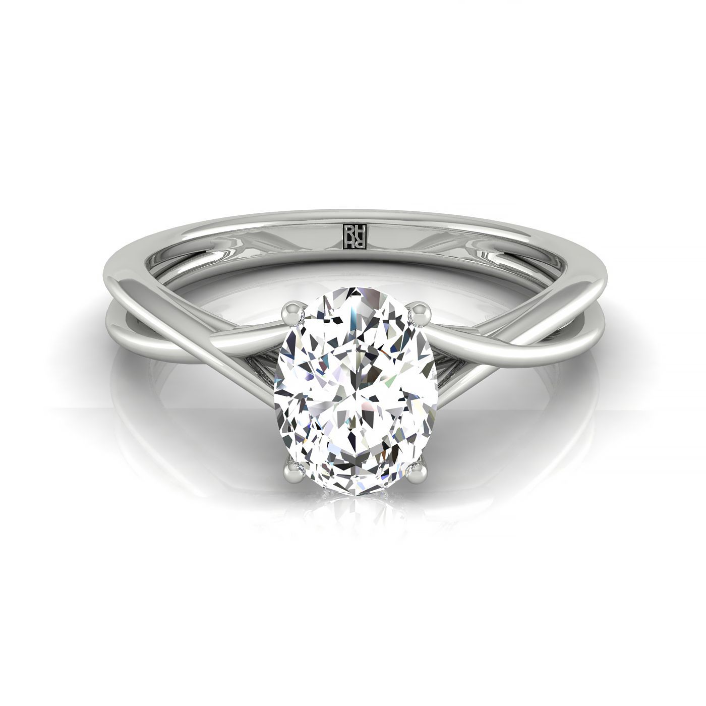 The Blondie oval setting in Platinum, a double hidden halo solitaire design from RockHer