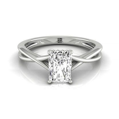 Twisted Shank Double Hidden Halo Solitaire Radiant, in 18K White Gold – front view | RockHer