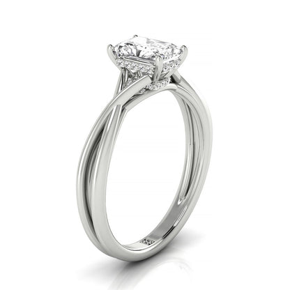 Plat Radiant Twisted Shank Double Hidden Halo Solitaire Engagement Ring With 38 Prong Set Round Diamonds