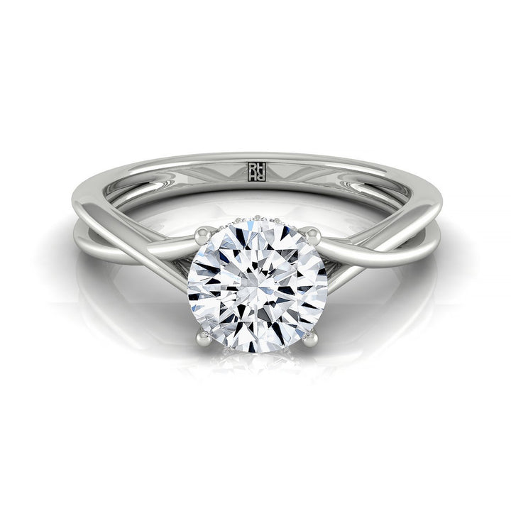 Round Brilliant, Twisted Shank Double Hidden Halo Solitaire, in Platinum – front view | RockHer